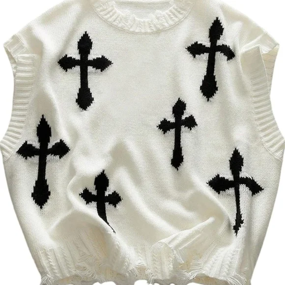 Men's White and Black Cross Pattern Sweater